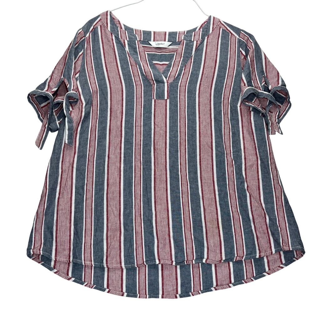 CJ Banks Blouse Womens XL Blue Red Stripe Linen Blend Tie Sleeve V-Neck Top